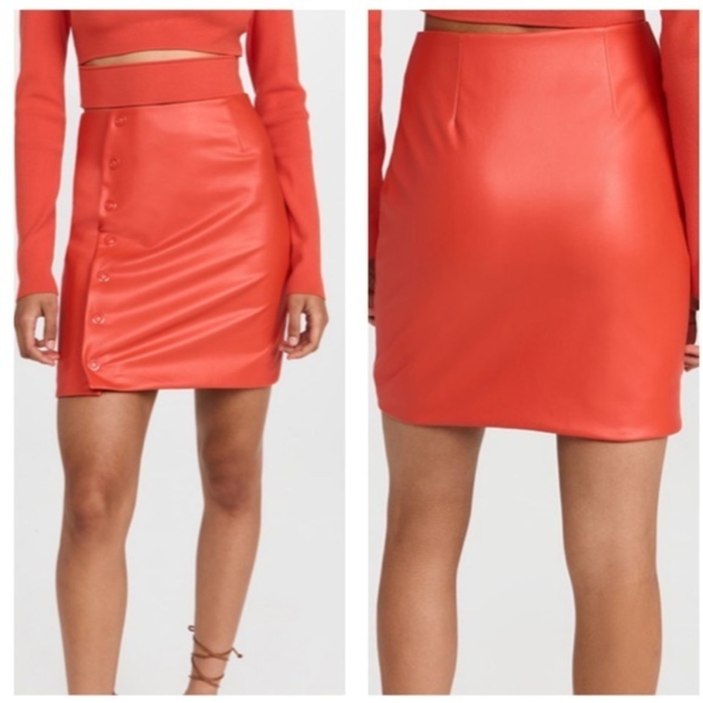 Sally LAPOINTE‎ NWT 8 Poppy Red Orange Faux Leather Snap Front Mini Skirt
